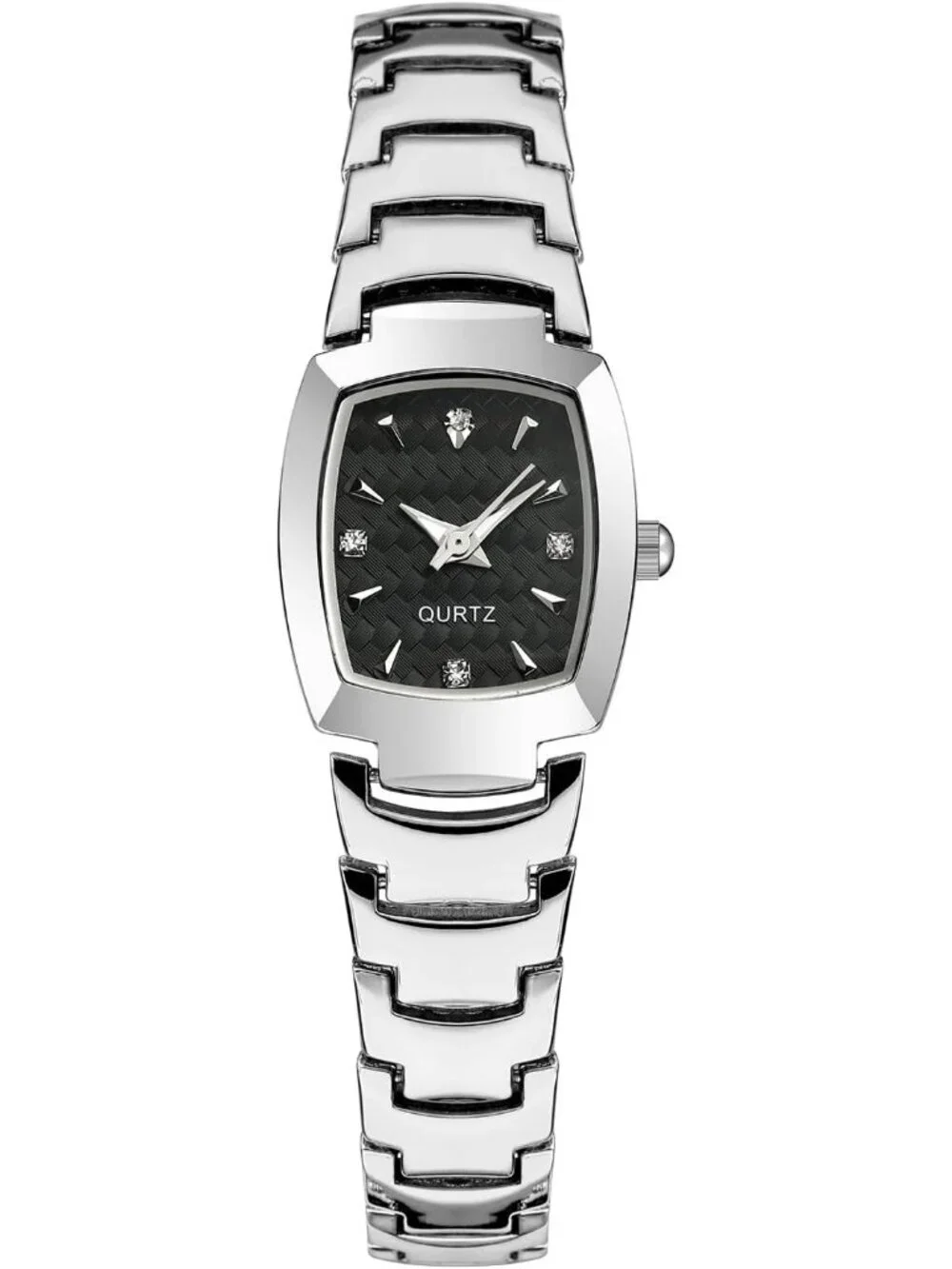 Women's Silver And Black Analog Steel Dainty Rectangle Waterproof Square Watch